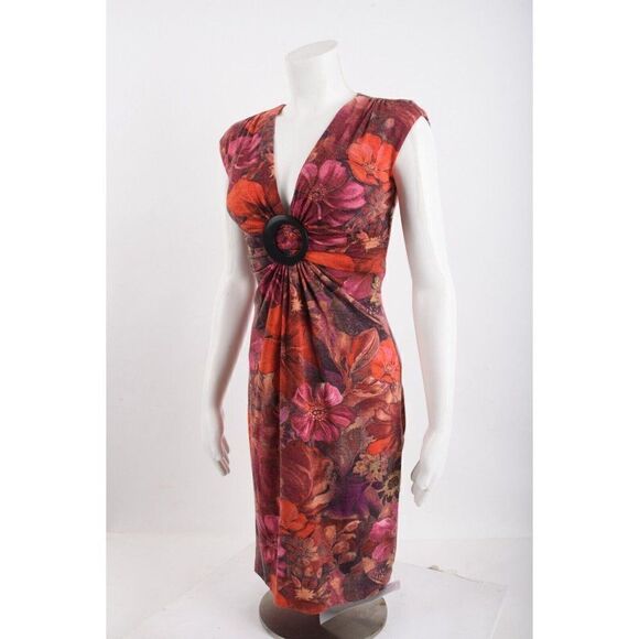 Cache Wool Blend Floral Sheath Dress Sz 2 Twist Front Buckle Red Pink V-Neck NWT - Picture 3 of 6